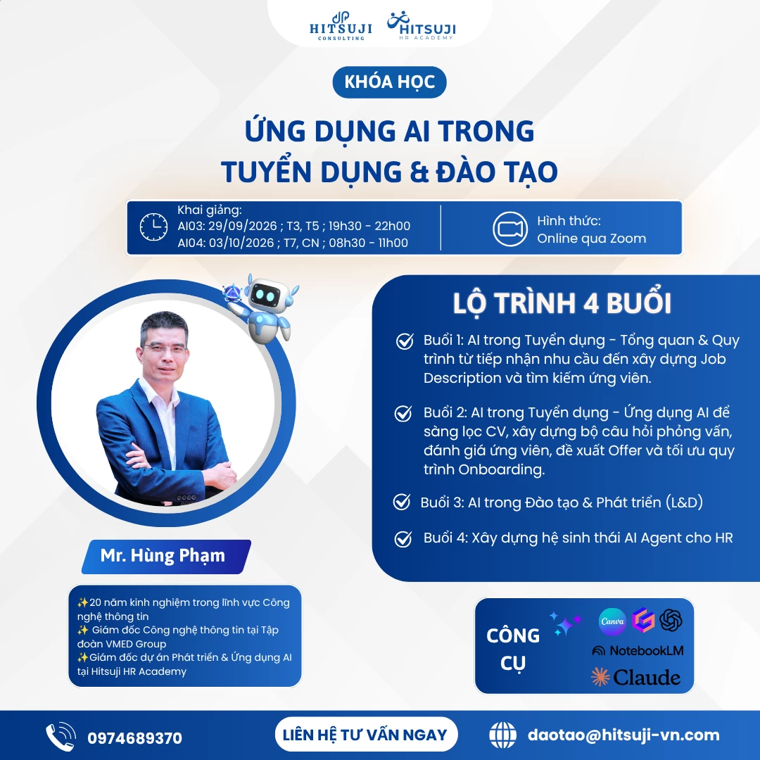 HITSUJI HR ACADEMY MỞ ĐĂNG KÝ THÊM 2 LỚP “ỨNG DỤNG AI TRONG TUYỂN DỤNG - ĐÀO TẠO”